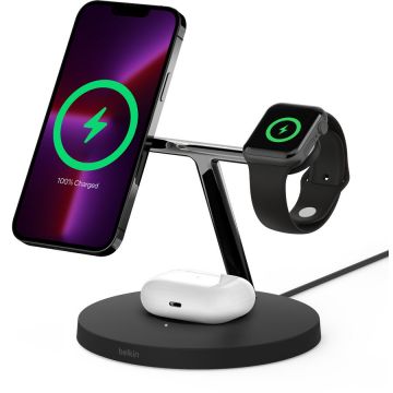 Belkin Incarcator Wireless 3-in-1 Belkin Boost Charge Pro, 15W, MagSafe, Stand, AirPods, Apple Watch + Adaptor AC, Negru
