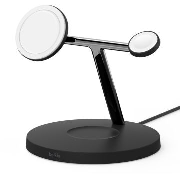 Belkin Incarcator wireless 3-in-1 Belkin BoostCharge Pro, 15W, MagSafe, Stand, AirPods, Apple Watch + Adaptor AC, Negru
