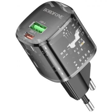 Borofone Incarcator retea Borofone BN17, Quick Charge 20W, 1 x USB, 1 x USB Type-C, Transparent