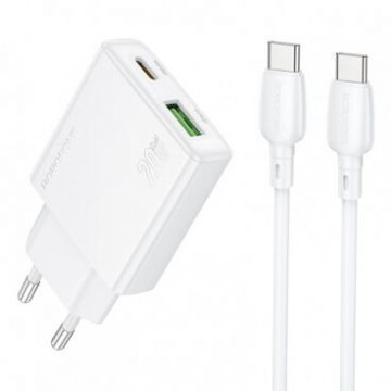 Borofone Incarcator retea Borofone BN24 , Quick Charge 20W, 1 x USB, 1 x USB Type-C, Cablu USB Type-C la USB Type-C, 1m, Alb