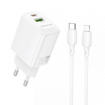 Borofone Incarcator Retea Cu Cablu Lightning Borofone BN27 Fuente, 20W, 3A, 1 x USB-A - 1 x USB-C, Alb