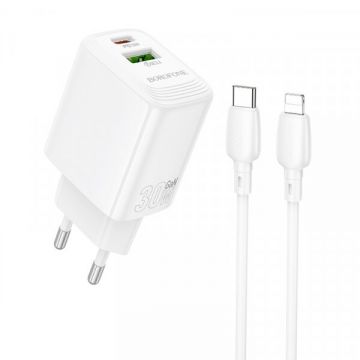 Borofone Incarcator Retea Cu Cablu Lightning Borofone BN29 Fuente, 30W, 3A, 1 x USB-A - 1 x USB-C, Alb