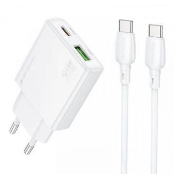 Borofone Incarcator Retea Cu Cablu USB-C Borofone BN25 Wish, 30W, 3A, 1 x USB-A - 1 x USB-C, Alb