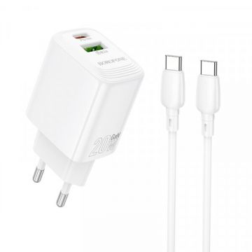 Borofone Incarcator Retea Cu Cablu USB-C Borofone BN27 Fuente, 20W, 3A, 1 x USB-A - 1 x USB-C, Alb