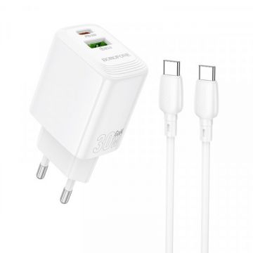 Borofone Incarcator Retea Cu Cablu USB-C Borofone BN29 Fuente, 30W, 3A, 1 x USB-A - 1 x USB-C, Alb