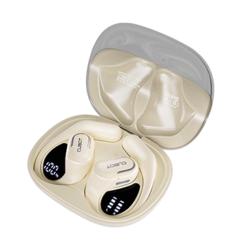 Casti wireless Cubot Vibe R, Bej, Design open-ear, Carcasa incarcare 500mAh, Bluetooth 5.4, IPX7, Anulare zgomot ENC, Control tactil, Din aliaj cu memorie