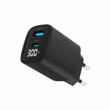 GEMBIRD Alimentator Retea 220V GEMBIRD,Fast Charging, Universal, 1 x USB Type-C D 30W, 1 x USB-A 3.0 QC 20W, display LCD , Negru
