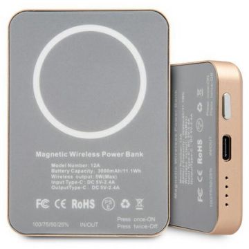 Guess Acumulator extern wireless Guess, 3000mAh, 5W, Magsafe, 1xUSB-C, Indicator baterie, Auriu