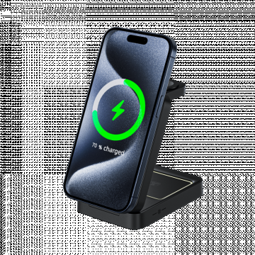 iSEN W91, Suport de incarcare wireless magnetic 3 in 1 pliabil, Negru, Incarcator casti 5W, Incarcator ceas 2.5W, Incarcator telefon 15W, Sistem de racire