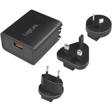 logilink ALIMENTATOR retea 220V LOGILINK, universal, 1 x USB-A, maxim 3A (5V), 18W (12V/1.5A), adaptor US/AU/UK/EU, suport OCP/OVP/OHP/SCP, negru, PA0188