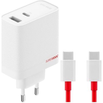OnePlus Incarcator OnePlus SUPERVOOC, Adaptor 120W Dual Ports GaN, Cablu USB C inclus, 1x USB A + 1x USB C, Alb