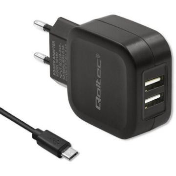 QOLTEC Incarcator Qoltec, 12W, 5V, 2.4A, 2xUSB cu MicroUSB