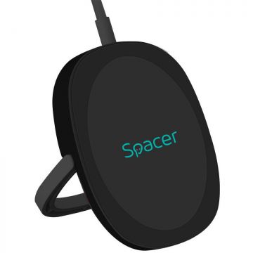 spacer Alimentator wireless Spacer Quick Charge 15W Qi conector Type-C rol de stand prin prindere magnetica, Negru