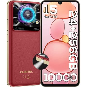 Telefon Mobil OUKITEL C60 Pro, Rosu, 4G, 6.88   HD+, 24GB RAM (8GB + 16GB Extensibili), 256GB ROM, 13MP, Android 15, Unisoc T606, Difuzor 110dB, Lanterna 120LM, 10000mAh, 18W, Nano SIM