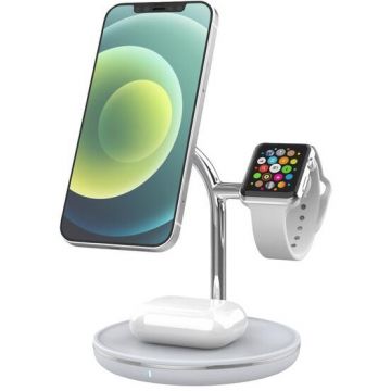 Tellur Incarcator wireless birou Tellur, 3-in-1, certificat MagSafe 15W, Watch 2.5W, TWS 5W, Alb