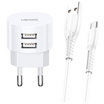 Usams Incarcator de retea Usams USA000461 2x USB Fast Charging 10W + Cablu USB la Micro USB Alb