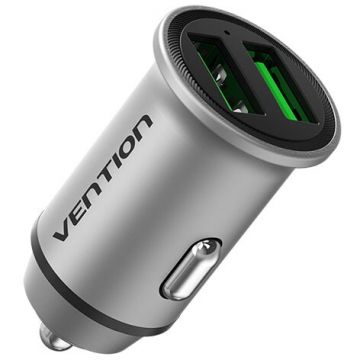 Vention ALIMENTATOR SmartPhone Auto Vention Two-Port USB A+A(18/18) Car Charger Gray Mini Style Aluminium Alloy Type
