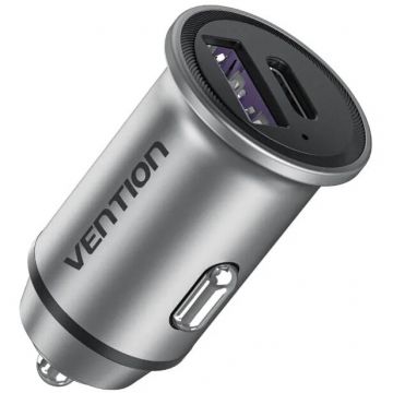 Vention Incarcator SmartPhone Auto Vention Two-Port USB A+A(30+30) Car Charger Gray Mini Style Aluminium Alloy Type