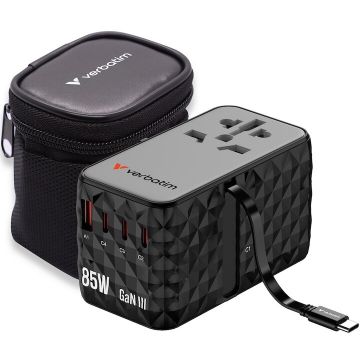 Verbatim Adaptor calatorie universal Verbatim 32127 Charge 'n' Travel GaN III, 85W, 4 x USB-C, PD 3.0 & QC 4+, 1 x USB-A, Negru
