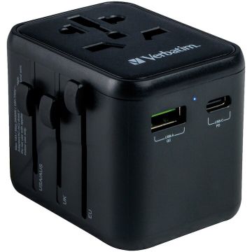 Verbatim Adaptor calatorie universal Verbatim 49544 UTA-02, 20W, USB-C PD 20W, USB-A QC 3.0, Negru