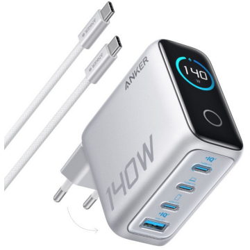 Anker Incarcator de retea Anker Zolo 140W, Digital Display, 3x USB-C, 1x USB-A, PD 3.1, cablu USB-C inclus, Argintiu