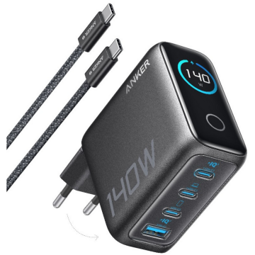 Anker Incarcator de retea Anker Zolo 140W, Digital Display, 3x USB-C, 1x USB-A, PD 3.1, cablu USB-C inclus, Negru