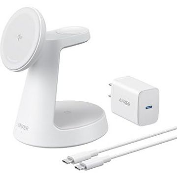 Anker Incarcator wireless magnetic Anker MagGo 3-in-1 MagSafe Qi2 15W (incarcator si cablu inclus), Alb