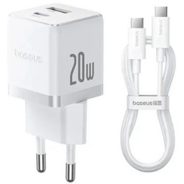 BASEUS Incarcator retea Baseus Palm, Quick Charge 20W, 1 x USB, 1 x USB Type-C 5V/3.0A, include cablu USB Type-C la USB Type-C 1m, alb