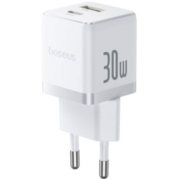 BASEUS Incarcator retea Baseus Palm, Quick Charge 30W, 1 x USB, 1 x USB Type-C 5V/3.0A, include cablu USB Type-C la USB Type-C 1m, alb