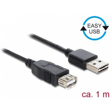 Cablu prelungitor EASY-USB 2.0-A la USB 2.0-A T-M 1m Negru, Delock 83370