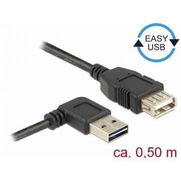 Cablu prelungitor EASY-USB 2.0 tip A unghi stanga/dreapta T-M 0.5m Negru, Delock 85177