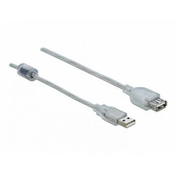 Cablu prelungitor USB 2.0 T-M cu ferita 0.5m transparent, Delock 83880