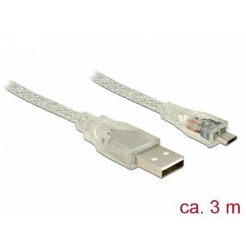 Cablu USB la micro USB-B 2.0 3m transparent, Delock 83902
