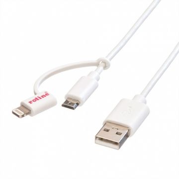 Cablu USB la micro USB-B + adaptor Lightning iPhone 5/6/7 MFI Alb 1m, Roline 11.02.8325*