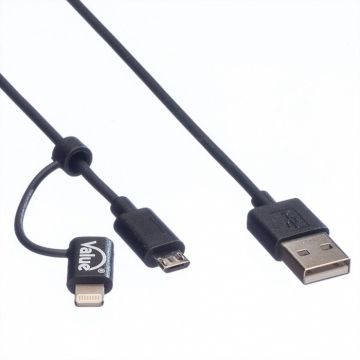 Cablu USB la micro USB-B + adaptor Lightning iPhone 5/6/7 MFI Negru 1m, Value 11.99.8325*