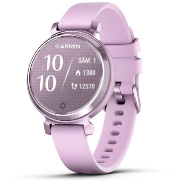 GARMIN Ceas Garmin Lily 2, display AMOLED, memorie 8GB, autonomie pana la 5 zile, rezistant la apa, rama Metallic Lilac cu carcasa Light Sand si curea lila din silicon