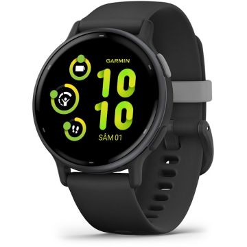 GARMIN Ceas smartwach Garmin vívoactive 5, display AMOLED, memorie 8GB, autonomie pana la 14 zile, rezistant la apa, rama din aluminiu slate cu carcasa neagra si bratara din silicon