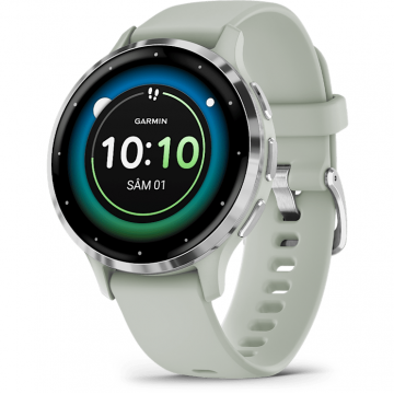 GARMIN Ceas smartwatch Garmin Venu 3S, display AMOLED, memorie 8GB, autonomie pana la 10 zile, rezistant la apa, rama argintie din otel inoxidabil si carcasa sage grey si bratara din silicon