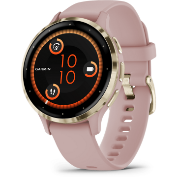 GARMIN Ceas smartwatch Garmin Venu 3S display AMOLED, memorie 8GB, autonomie pana la 10 zile, rezistant la apa, rama din otel inoxidabil Soft Gold cu carcasa Dust Rose si curea din silicon