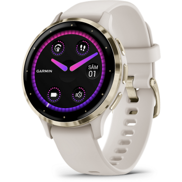 GARMIN Ceas smartwatch Garmin Venu 3S, display AMOLED, memorie 8GB, autonomie pana la 10 zile, rezistant la apa, rama din otel inoxidabil Soft Gold cu carcasa Ivory, curea din silicon