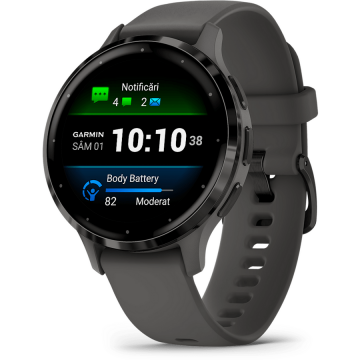 GARMIN Ceas smartwatch Garmin Venu 3S display AMOLED, memorie 8GB, autonomie pana la 10 zile, rezistant la apa, rama slate din otel inoxidabil si carcasa pebble gray si bratara din silicon