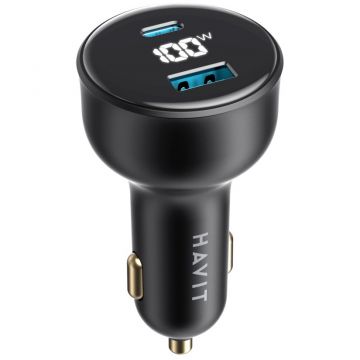 HAVIT Incarcator auto cu Display Digital HAVIT CC100W, 1 USB-A, 1 USB-C, 100W, Negru