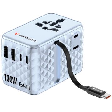Verbatim Adaptor calatorie Verbatim GaN,100W,cablu retractabil USB-C PD 3.0 QC4+ pana la 100W/USB-A pana la 12W, Bleu