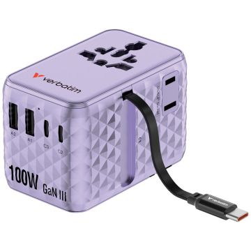Verbatim Adaptor calatorie Verbatim GaN,100W,cablu retractabil USB-C PD 3.0 QC4+ pana la 100W/USB-A pana la 12W, Violet