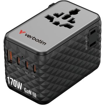 Verbatim Adaptor calatorie Verbatim GaN,170W, cablu retractabil, USB-C PD 3.1 QC4+ pana la 140W/USB-A QC 3.0 pana la 18W, Negru