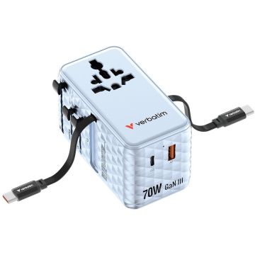 Verbatim Adaptor calatorie Verbatim GaN,70W,2 cabluri retractabile, USB-C PD 3.0 QC4+ pana la 70W/USB-A QC 4+pana la 60W, Bleu