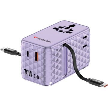 Verbatim Adaptor calatorie Verbatim GaN,70W,2 cabluri retractabile, USB-C PD 3.0 QC4+ pana la 70W/USB-A QC 4+pana la 60W, Violet