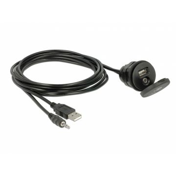 Cablu auto USB + jack stereo 3.5 mm 4 pini la USB + jack stereo 3.5 mm 4 pini (audio) T-M 2m Negru, Delock 85719