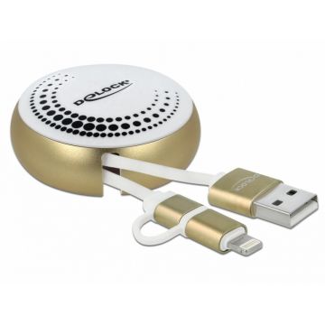Cablu de date si incarcare USB 2.0 la micro USB-B + Lightning retractabil Alb/Auriu, Delock 85820
