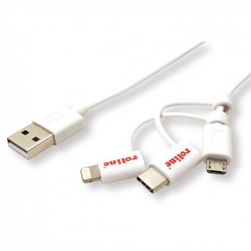 Cablu de date si incarcare USB la USB-C + micro USB-B + Lightning 1m Alb, Roline 11.02.8329*
